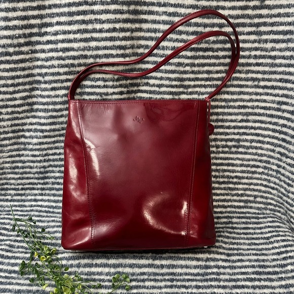 Monsac Vintage Dark Red Leather Double Strap Slim Logo Bag Tote Shoulder Bag - Picture 1 of 12